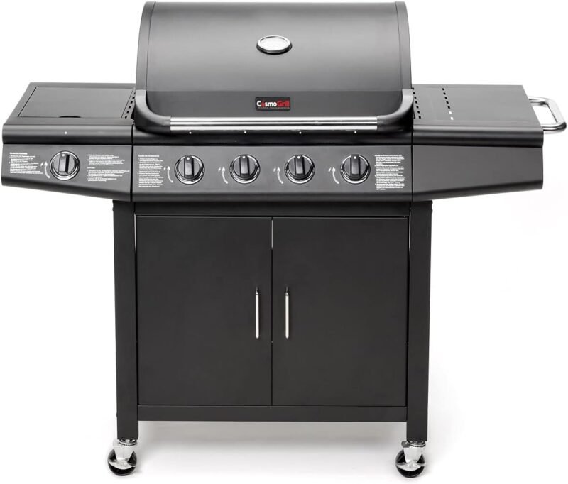 CosmoGrill Pro Deluxe 4+1 Gas Barbecue Grill – 5 Burner Outdoor BBQ with Side Burner, Warming Rack, Thermometer – Large Family Garden Grill (Model 93411)