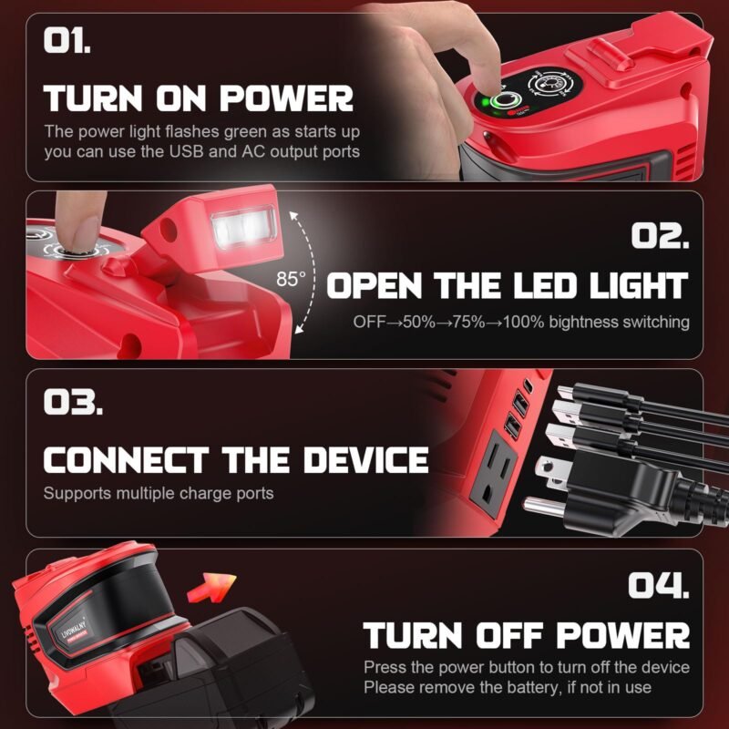 200 W Power Inverter for DEWALT 20 V Batteries – DC 20 V → AC 110 V Pure Sine Wave, Portable Battery-Powered Generator with 1 AC Outlet, 2 USB-A, 1 USB-C & 200 LM LED Work Light - Image 10