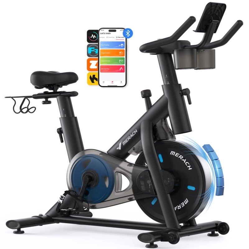 MERACH Stationary Exercise Bike – Quiet Belt-Drive Indoor Cycling with Bluetooth App, 300 lb Capacity, LED Monitor, Tablet Mount & Fitness Courses - Image 2
