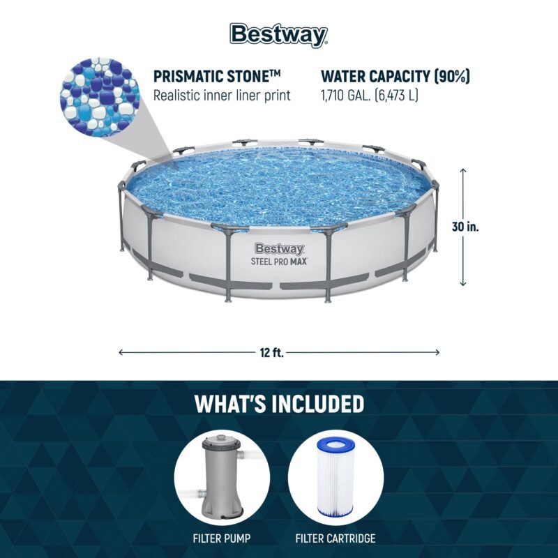 Bestway Steel Pro MAX 12ft (3.66m) x 30in (76cm) Round Above Ground Swimming Pool Set with Filter Pump – 6,473L Capacity – Durable Metal Frame Family Outdoor Pool – Gray - Image 19