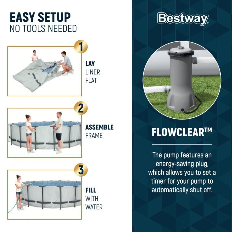 Bestway Steel Pro MAX 12ft (3.66m) x 30in (76cm) Round Above Ground Swimming Pool Set with Filter Pump – 6,473L Capacity – Durable Metal Frame Family Outdoor Pool – Gray - Image 27