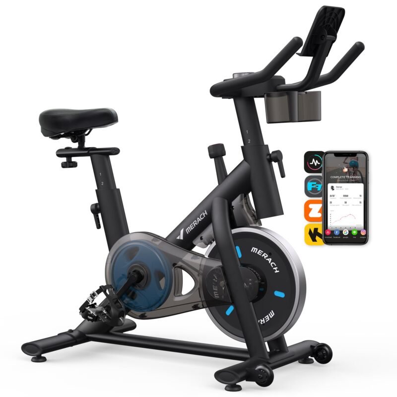 MERACH Stationary Exercise Bike – Quiet Belt-Drive Indoor Cycling with Bluetooth App, 300 lb Capacity, LED Monitor, Tablet Mount & Fitness Courses - Image 4