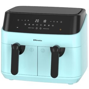 EMtronics EMAFDD9LSL Dual Air Fryer 9L - Double XL Basket, 8 Cooking Presets, 99-Min Timer, Stainless Steel, Oil-Free Healthy Cooking