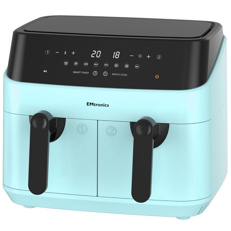 EMtronics EMAFDD9LSL Dual Air Fryer 9L - Double XL Basket, 8 Cooking Presets, 99-Min Timer, Stainless Steel, Oil-Free Healthy Cooking