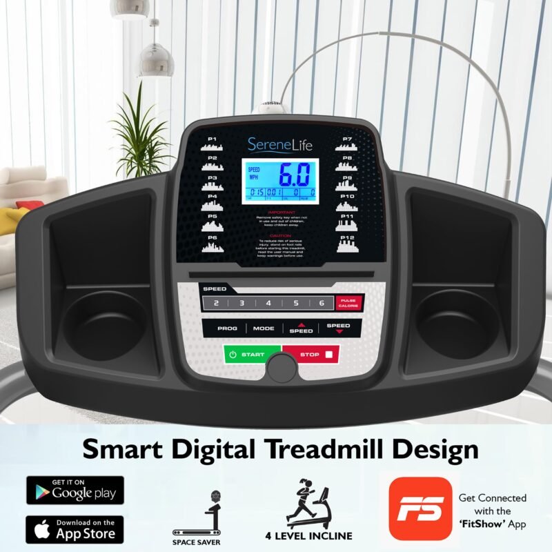 SereneLife SLFTRD18 Folding Treadmill – 0.6–6 MPH, 4-Level Manual Incline, Bluetooth App Sync, 39.3″×15.7″ Belt, Compact Digital Trainer - Image 31