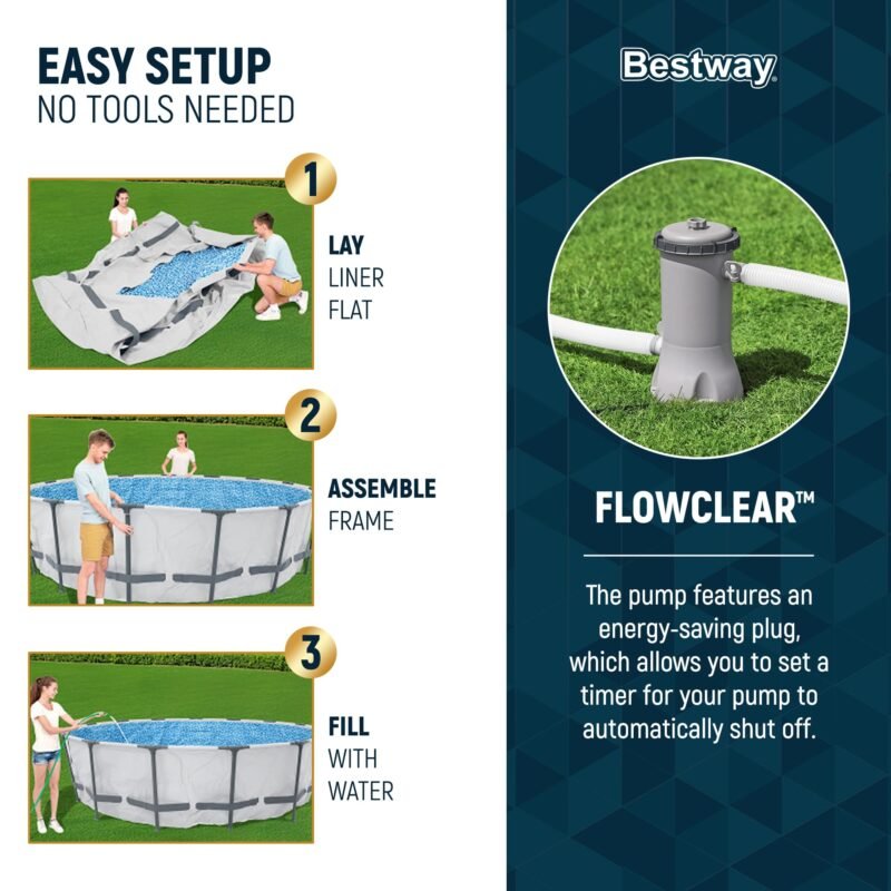 Bestway Steel Pro MAX 12ft (3.66m) x 30in (76cm) Round Above Ground Swimming Pool Set with Filter Pump – 6,473L Capacity – Durable Metal Frame Family Outdoor Pool – Gray - Image 20