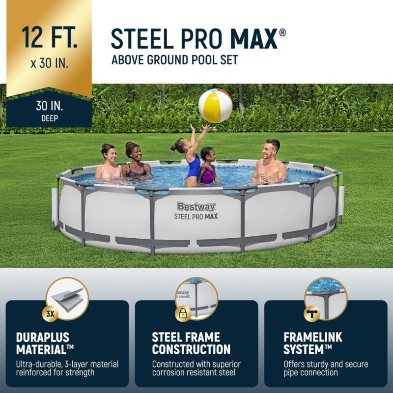 Bestway Steel Pro MAX 12ft (3.66m) x 30in (76cm) Round Above Ground Swimming Pool Set with Filter Pump – 6,473L Capacity – Durable Metal Frame Family Outdoor Pool – Gray - Image 18