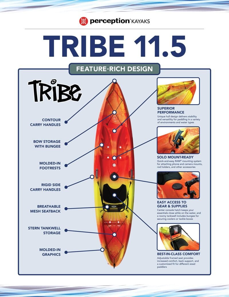 Perception Tribe 11.5′ Sit-On-Top Recreational Kayak – Adjustable Framed Seat & Ample Front/Rear Storage (Dapper) - Image 10