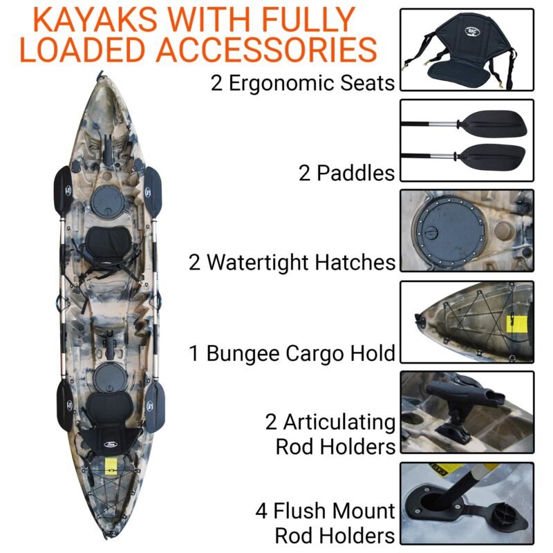 BKC Brooklyn 12.5 Tandem 12′ 8″ Sit-On-Top Fishing Kayak – 2-3 Person with Padded Seats & Paddles Included - Image 6